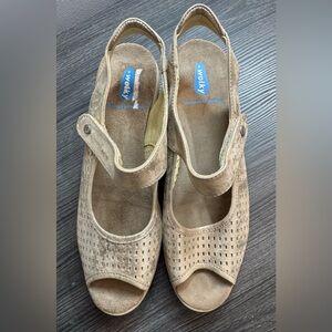 EUC WOLKY Women's BLADE Hook&Loop Strap Wedge Sandal, Gold Amalia Nubuck, SZ 41